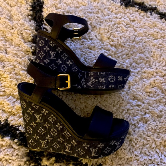 Authentic Louis Vuitton Denim Wedges in Blue - Picture 1 of 7